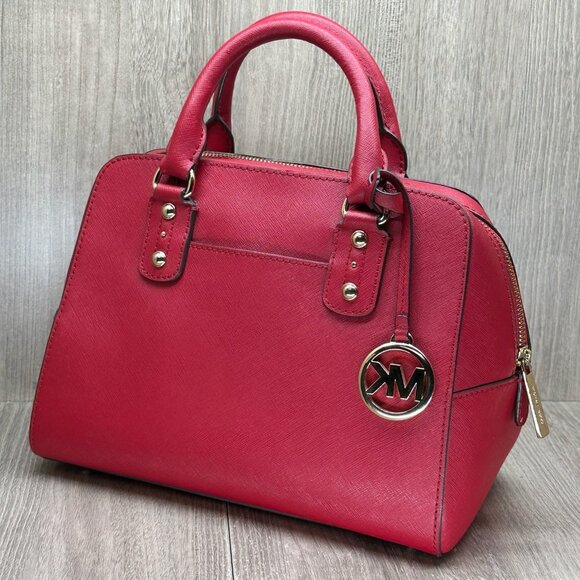 Michael Kors Sandrine Satchel Top Handle Handbag Saffiano Leather Scarlet Red - Picture 1 of 12